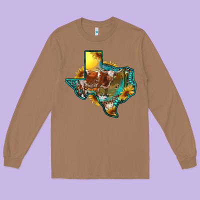 Western Texas Map With Longhorn Bull Long Sleeve Tee Designed By Ranaportraitstore