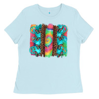 Baby Blue hippie peace sign butterfly leopard and tie dye brushstroke Ladies Tee - Artiststas