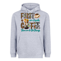 Heather Grey first we drink coffee then we do the things Heavyweight Hoodie - OliviaCreatesArt