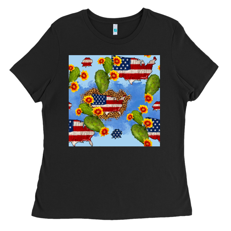 Usa Map Cactus And Sunflower Seamless Pattern Ladies Tee by BundleAndBundleShop | Teevron