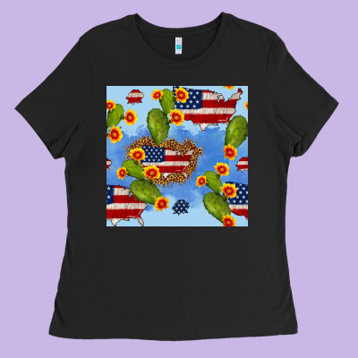 Usa Map Cactus And Sunflower Seamless Pattern Ladies Tee Designed By Bundleandbundleshop