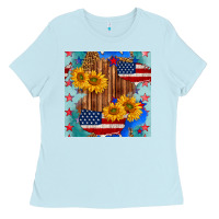 Baby Blue usa map with sunflowers and leopard seamless pattern Ladies Tee - BundleAndBundleShop