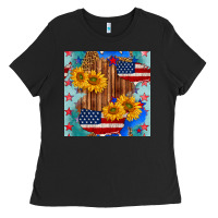 Black usa map with sunflowers and leopard seamless pattern Ladies Tee - BundleAndBundleShop