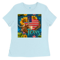 Baby Blue 4th of july texas map with cow seamless pattern Ladies Tee - BundleAndBundleShop