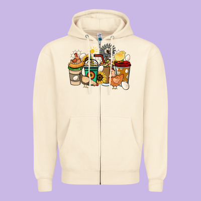 Chicken Coffee Cups Zipper Hoodie Designed By Howdyjamesfarm