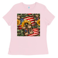 Bubblegum Pink usa flag with army boot seamless pattern Ladies Tee - BundleAndBundleShop