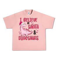 Salmon i believe in santa & dinosaurs pink Urban Heavy Tee - MaliasSmallBusiness