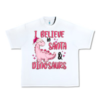 White i believe in santa & dinosaurs pink Urban Heavy Tee - MaliasSmallBusiness