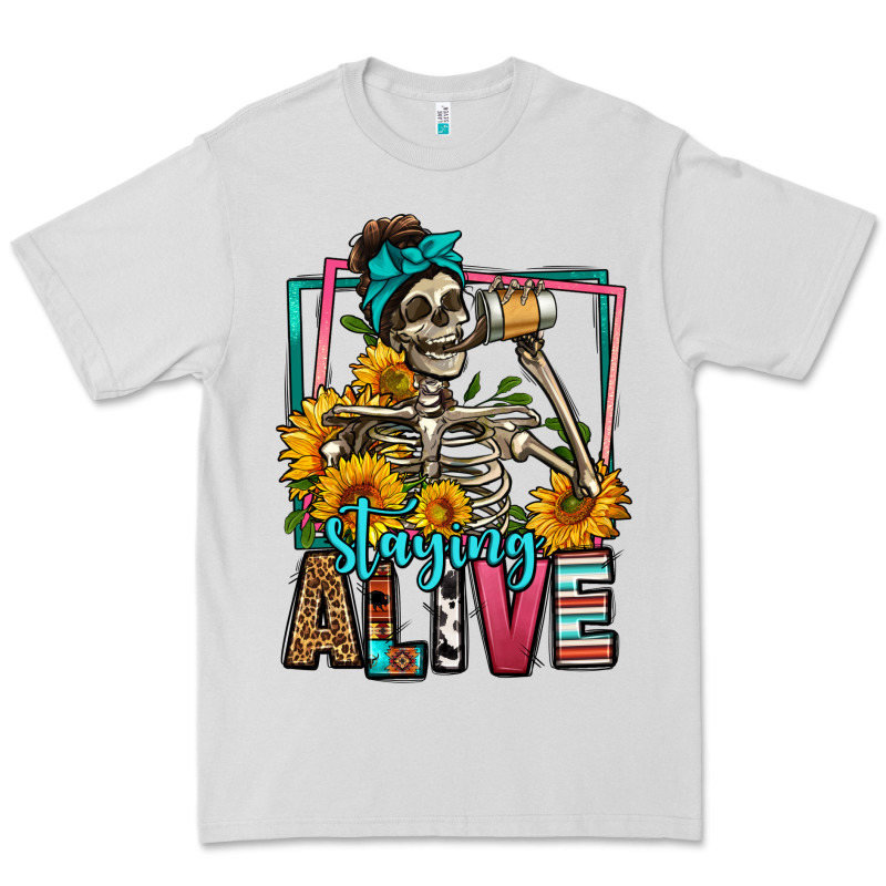 Staying Alive Coffee Drinking Skeleton Premium Tee by Jasminsmagicworld | Teevron