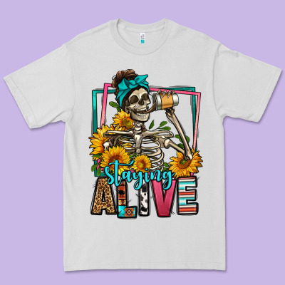 Staying Alive Coffee Drinking Skeleton Premium Tee Designed By Jasminsmagicworld
