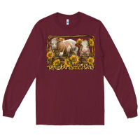 Burgundy simmental bull and heifer with sunflowers Long Sleeve Tee - LillyAllenDesigns