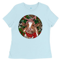 Baby Blue Brown Cow Christmas Ladies Tee - RanaPortraitStore