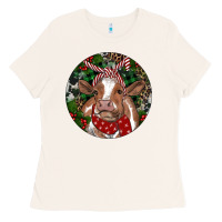 Bone Brown Cow Christmas Ladies Tee - RanaPortraitStore