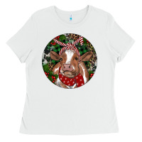 White Brown Cow Christmas Ladies Tee - RanaPortraitStore