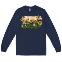 Navy charolais cow with sunflower Long Sleeve Tee - LillyAllenDesigns