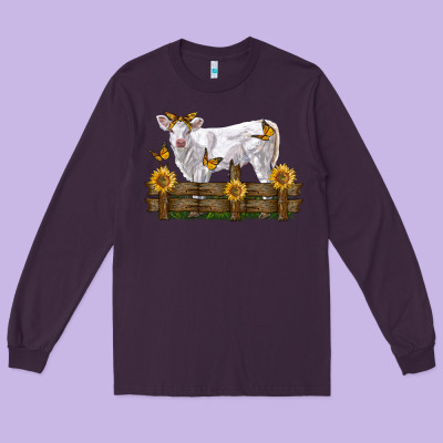 Charolais Calf With Sunflowers Long Sleeve Tee Designed By Lillyallendesigns