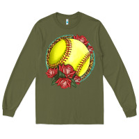 Army Green Western Softball With Roses Long Sleeve Tee - LillyAllenDesigns