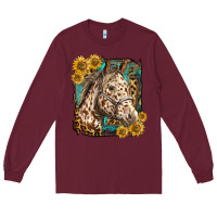 Burgundy appaloosa horse with sunflowers and western background Long Sleeve Tee - LillyAllenDesigns