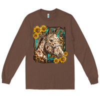 Chestnut appaloosa horse with sunflowers and western background Long Sleeve Tee - LillyAllenDesigns