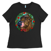 Black Longhorn Cow Christmas Ladies Tee - RanaPortraitStore
