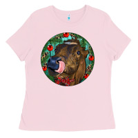 Bubblegum Pink Longhorn Cow Christmas Ladies Tee - RanaPortraitStore
