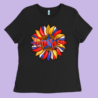 America With American Flag Colors And Sunflower With Star Ladies Tee Designed By Artiststas