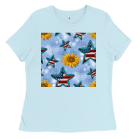 Baby Blue patriotic stars and sunflower Ladies Tee - BundleAndBundleShop