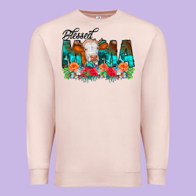 Blessed Mama Flowers Cow Premium Sweatshirt Designed By Cowcowdesign