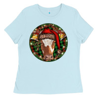 Baby Blue Longhorn Cow Christmas Ladies Tee - RanaPortraitStore