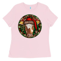 Bubblegum Pink Longhorn Cow Christmas Ladies Tee - RanaPortraitStore
