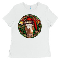 White Longhorn Cow Christmas Ladies Tee - RanaPortraitStore