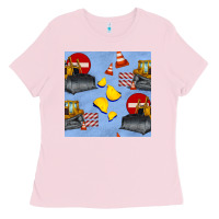 Bubblegum Pink bulldozer seamles pattern Ladies Tee - BundleAndBundleShop
