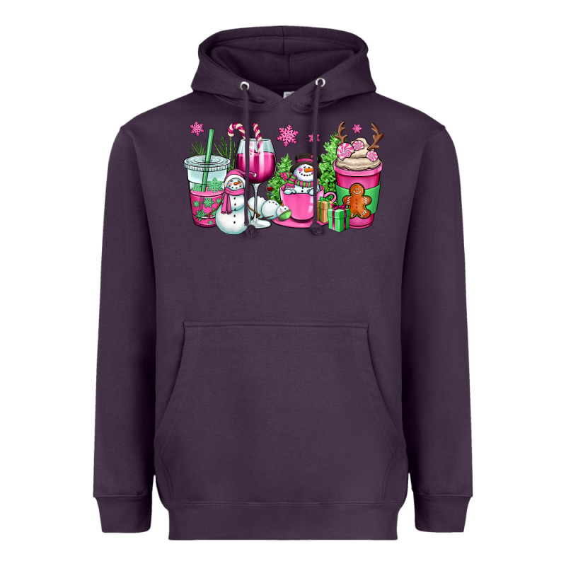 Pink Christmas Snowman Coffee Cups Heavyweight Hoodie by OliviaCreatesArt | Teevron