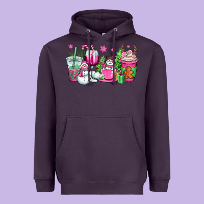 Pink Christmas Snowman Coffee Cups Heavyweight Hoodie Designed By Oliviacreatesart