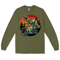 Army Green t rex dinosaur riding bicycle with retro forest sunset Long Sleeve Tee - RanaPortraitStore