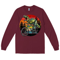 Burgundy t rex dinosaur riding bicycle with retro forest sunset Long Sleeve Tee - RanaPortraitStore