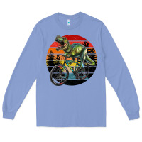 Colony Blue t rex dinosaur riding bicycle with retro forest sunset Long Sleeve Tee - RanaPortraitStore