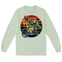Matcha t rex dinosaur riding bicycle with retro forest sunset Long Sleeve Tee - RanaPortraitStore