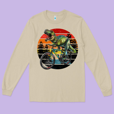 T Rex Dinosaur Riding Bicycle With Retro Forest Sunset Long Sleeve Tee Designed By Ranaportraitstore