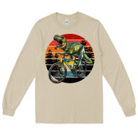 Mushroom t rex dinosaur riding bicycle with retro forest sunset Long Sleeve Tee - RanaPortraitStore
