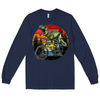 Navy t rex dinosaur riding bicycle with retro forest sunset Long Sleeve Tee - RanaPortraitStore