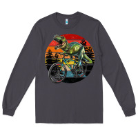 Smoke t rex dinosaur riding bicycle with retro forest sunset Long Sleeve Tee - RanaPortraitStore
