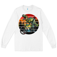 White t rex dinosaur riding bicycle with retro forest sunset Long Sleeve Tee - RanaPortraitStore