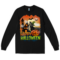 Black Happy Halloween With Black Cat Long Sleeve Tee - LillyAllenDesigns