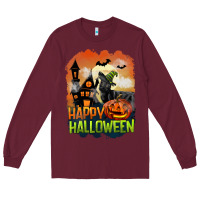 Burgundy Happy Halloween With Black Cat Long Sleeve Tee - LillyAllenDesigns