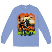 Colony Blue Happy Halloween With Black Cat Long Sleeve Tee - LillyAllenDesigns
