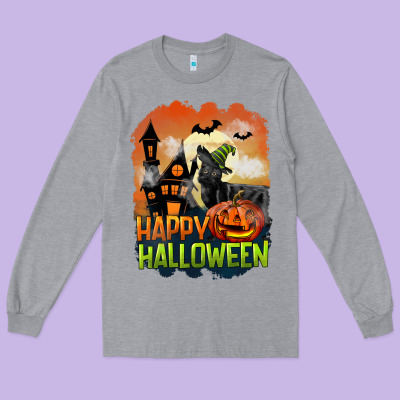 Happy Halloween With Black Cat Long Sleeve Tee Designed By Lillyallendesigns