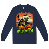 Navy Happy Halloween With Black Cat Long Sleeve Tee - LillyAllenDesigns