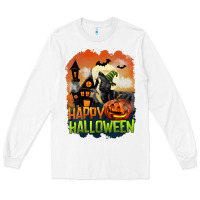 White Happy Halloween With Black Cat Long Sleeve Tee - LillyAllenDesigns