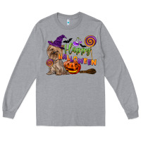 Heather Grey Happy Halloween With Yorkshire Terrier Dog Long Sleeve Tee - LillyAllenDesigns